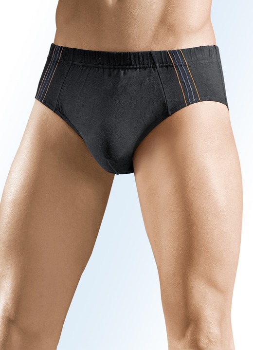 Unterhosen - Viererpack Slips, uni mit seitlichen Kontrasten, in Größe 004 bis 010, in Farbe 2X SCHWARZ-MANDARINE-STAHLBLAU, 2X SCHWARZ-ROT-ECRU Ansicht 1