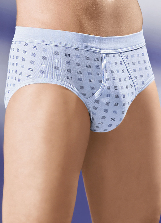 Unterhosen - Schiesser Zweierpack Slips aus Feinripp, mit Eingriff, in Größe 005 bis 009, in Farbe HELLBLAU-GRAFIT-BUNT Ansicht 1