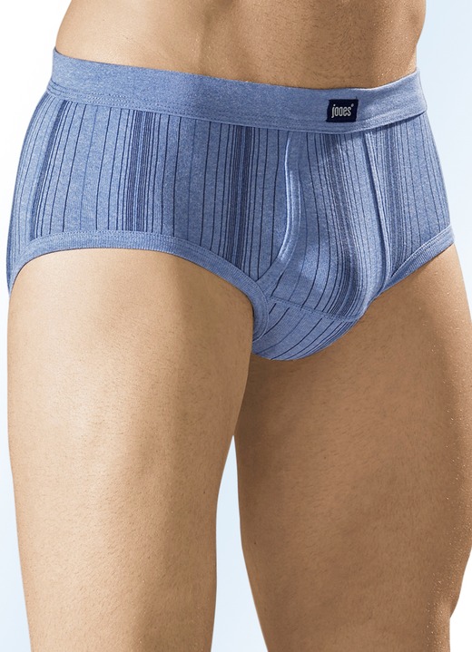 Unterhosen - Fünferpack Slips aus Feinripp mit Eingriff, in Größe 005 bis 014, in Farbe 3X JEANSBLAU MELIERT, 2X HELLGRAU MELIERT