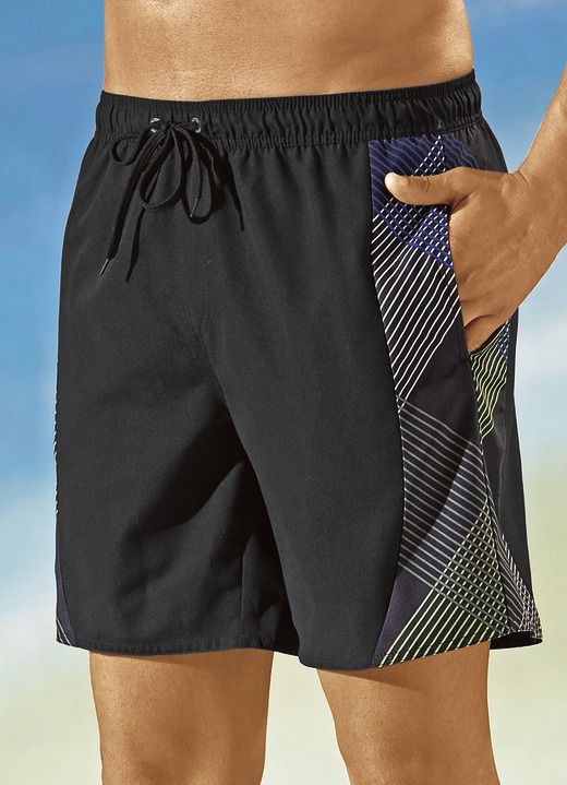 Badeshorts - Badeshorts mit seitlichen Einsätzen, Microfaser Badeshorts - Badeshorts mit seitlichen Einsätzen, Microfaser, in Größe 005 bis 014, in Farbe SCHWARZ-BLAU-GRÜN