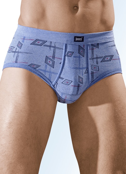 Unterhosen - Fünferpack Slips aus Feinripp mit Eingriff, in Größe 005 bis 014, in Farbe 3X JEANSBLAU MELIERT-BUNT, 2X HELLGRAU MELIERT-BUNT