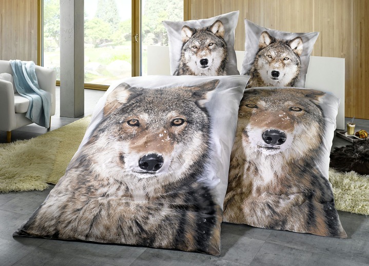 Bettwäschegarnituren - Bettwäsche-Garnitur mit Druckmotiv «Wolf», in Größe 112 (80/80 cm + 135/200 cm) bis 115 (80/80 cm + 155/220 cm), in Farbe GRAU Ansicht 1