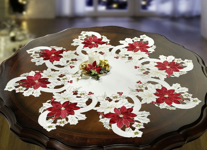 Tischdecken - Tisch- und Raumdekoration aus dem Hause Schäfer, in Größe 140 (Tischdekoration Stern, ø 40 cm) bis 404 (Kissenbezug, 40/40 cm), in Farbe WEISS-ROT Ansicht 1