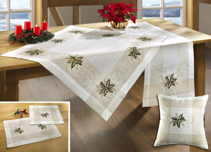 Wohnaccessoires - Weihnachtliche Raum und Tisch-Accessoires mit dezentem Dessin, in Größe 101 (Läufer, 35/ 50 cm) bis 404 (Kissenbezug, 40/ 40 cm), in Farbe