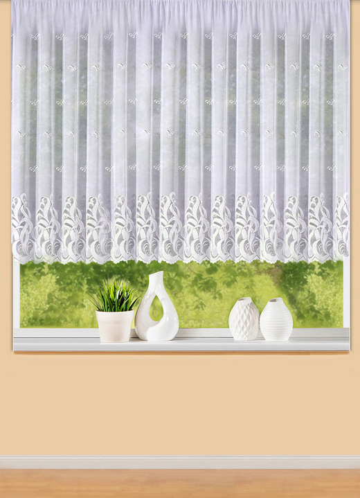 Klassisch - Toller Blumenfenster-Vorhang mit Universalschienenband, in Größe 140 (H120xB300 cm) bis 179 (H175xB450 cm), in Farbe WEISS Ansicht 1