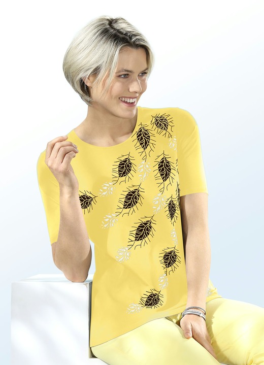 Kurzarm - Shirt mit interessantem Blätterdruck in 2 Farben, in Größe 036 bis 044, in Farbe GELB