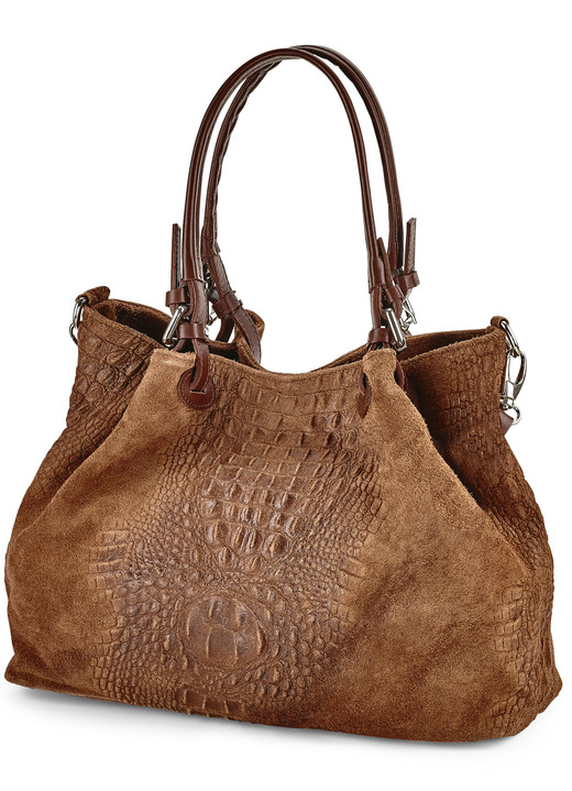 Taschen - Laurina Tasche aus Kalb-Veloursleder mit raffinierter Reptilprägung, in Farbe COGNAC Ansicht 1