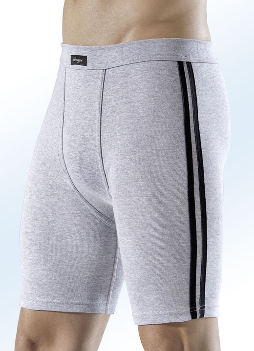 Unterhosen - Viererpack Unterhosen mit seitlichen Kontraststreifen, knielang, in Größe 005 bis 011, in Farbe 2X GRAU MELIERT-SCHWARZ, 2X SCHWARZ-GRAU MELIERT
