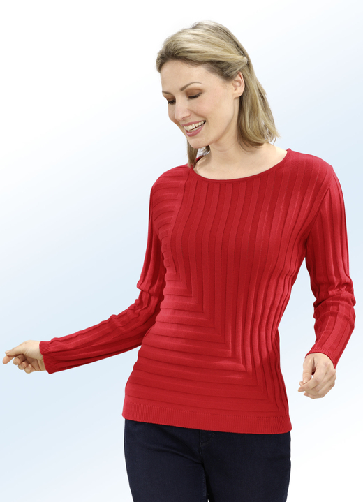 Langarm - Pullover mit dekorativem Rippendessin, in Größe 038 bis 052, in Farbe ROT
