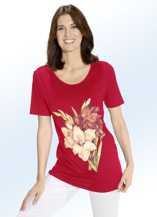Shirts mit Strass - Longshirt mit Kontrast-Druck in 2 Farben Shirts mit Strass - Longshirt mit Kontrast-Druck in 2 Farben, in Größe 038 bis 054, in Farbe ROT
