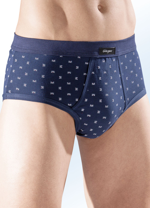 Unterhosen - Fünferpack Slips aus Feinjersey, mit Eingriff, allover dessiniert, in Größe 005 bis 011, in Farbe 3X MARINE-BUNT, 2X HELLBLAU-BUNT