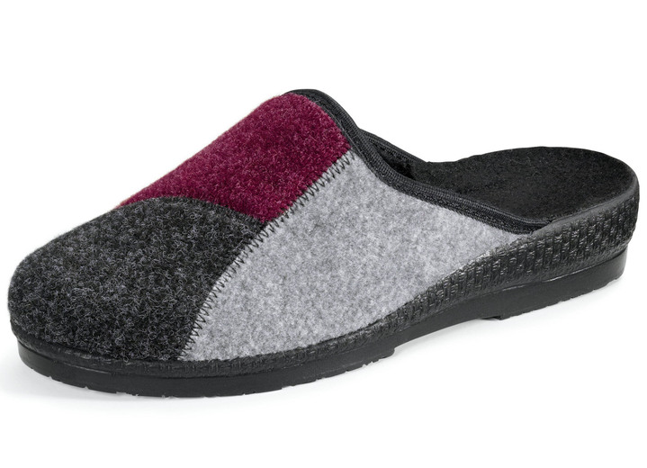 Hausschuhe - Klassische Damen-Hausschuhe, Weite H, im Textil-Materialmix, in Größe 036 bis 042, in Farbe GRAU-BORDEAUX Ansicht 1