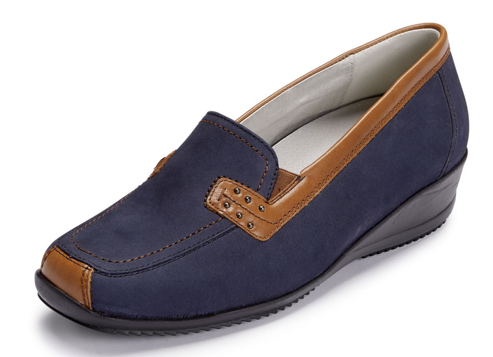Weite H - Waldläufer, bequeme Damen-Slipper, Weite H, mit herausnehmbarem Fussbett, in Größe 3 1/2 bis 8, in Farbe MARINE-COGNAC Ansicht 1