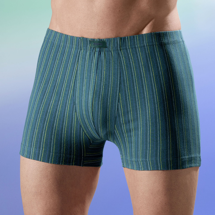 Unterhosen - Viererpack Pants mit Dehnbund, in Größe L bis XXL, in Farbe 1x DUNKELGRUEN GESTREIFT, 1x GRAU GESTREIFT, 1x UNI MARINE, 1x UNI SCHWARZ
