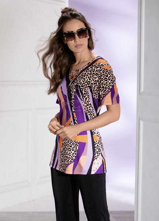 Shirts mit Strass - Faszinierendes Longshirt mit Seitenschlitzen, in Größe 038 bis 054, in Farbe FLIEDER-LILA-ORANGE