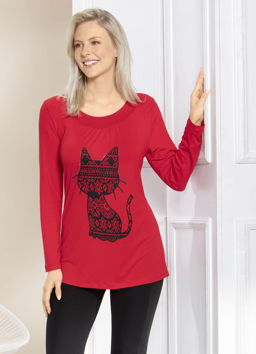 Langarm - Shirt mit Katzen-Motiv in 2 Farben Langarm - Shirt mit Katzen-Motiv in 2 Farben, in Größe 038 bis 054, in Farbe ROT