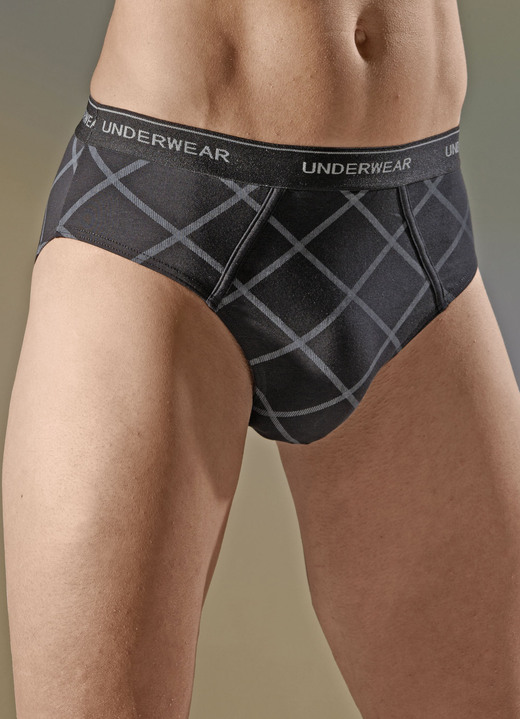 Unterhosen - Viererpack Slips mit Elastikbund, in Größe 004 bis 010, in Farbe 2X SCHWARZ KARIERT, 2X UNI SCHWARZ