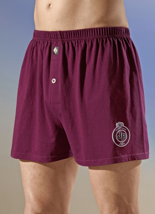 Unterhosen - Viererpack Boxershorts, uni mit Druckmotiv, in Größe 005 bis 013, in Farbe 2X BORDEAUX, 2X RAUCHBLAU
