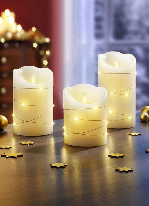 Wohnaccessoires - LED-Echtwachskerzen, 3er-Set, mit Flackereffekt, in Farbe CREME-WEISS