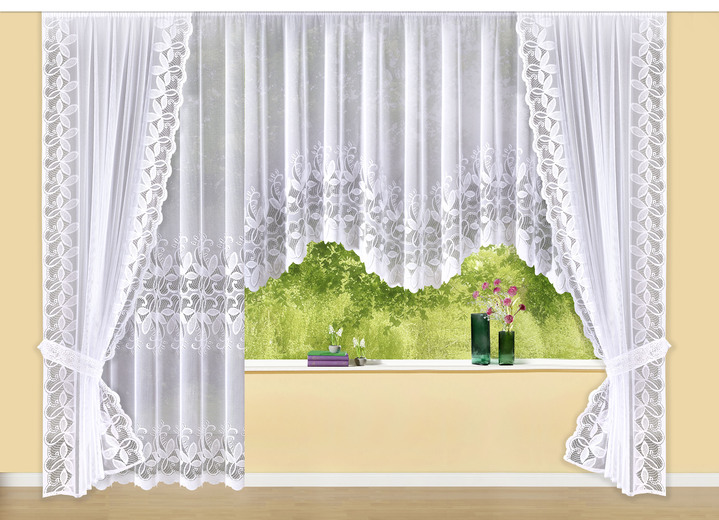 Klassisch - Fensterdekoration, in Größe 176 (Langstore, H175xB300 cm) bis 458 (Raffgarnitur, H245xB145 cm), in Farbe WEISS Ansicht 1