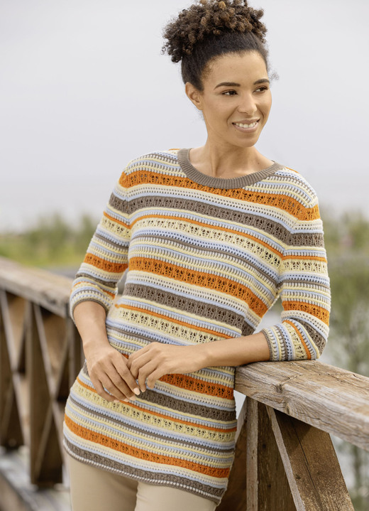 3/4-Arm - Pullover in Ringeldessin, in Größe L(44/46) bis XL(48/50), in Farbe TAUPE-VANILLE-MULTICOLOR