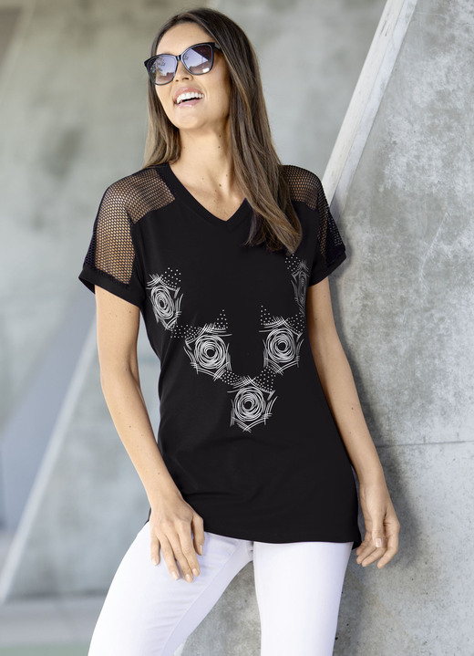 Shirts mit Strass - Longshirt mit Kontrast-Druck in 2 Farben Shirts mit Strass - Longshirt mit Kontrast-Druck in 2 Farben, in Größe 038 bis 054, in Farbe SCHWARZ