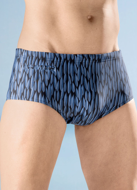 Badehosen - Badehose in höherer Slipform mit Reissverschlusstasche Badehosen - Badehose in höherer Slipform mit Reissverschlusstasche, in Größe 004 bis 010, in Farbe SCHWARZ-PETROL