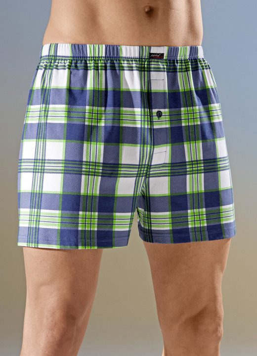 Unterhosen - Viererpack Boxershorts mit Karodessin, in Größe 005 bis 016, in Farbe 2X MARINE-GRÜN-WEISS, 2X GRÜN-MARINE-WEISS