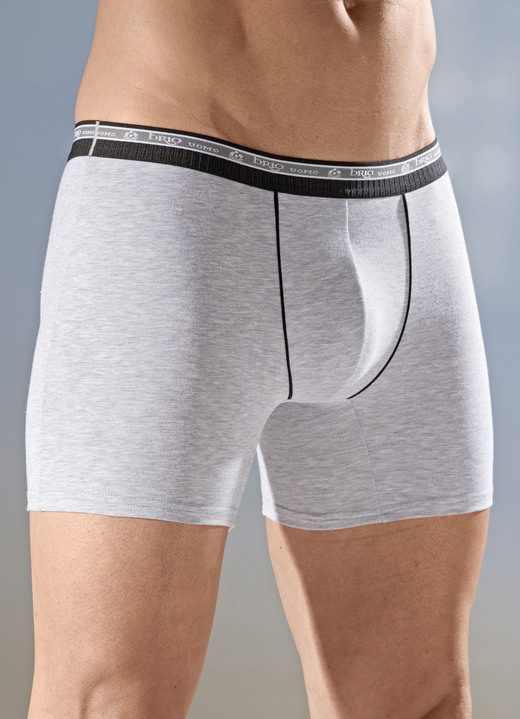 Unterhosen - Dreierpack Pants mit Elastikbund und Zierpaspseln, in Größe 005 bis 011, in Farbe 1X GRAU MELIERT, 2X SCHWARZ