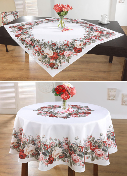 Tischdecken - Aussdrucksstarke Tischdecke mit bezauberndem Rosen-Dessin, in Größe 130 (2 Deckchen, 35/ 50 cm) bis 404 (Kissenbezug, 40/ 40 cm), in Farbe ECRU-BUNT Ansicht 1