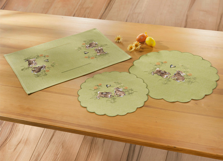 Wohnen - Tisch- und Raumdekoration mit Hasen-Motiven, in Größe 101 (Deckchen, 35/ 50 cm) bis 404 (Kissenbezug, 40/ 40 cm), in Farbe GRÜN Ansicht 1