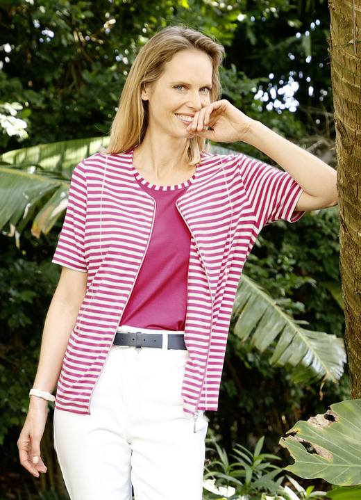 - Shirtjacke mit garngefärbtem Ringeldessin, in Größe 038 bis 046, in Farbe FUCHSIA-WEISS Ansicht 1