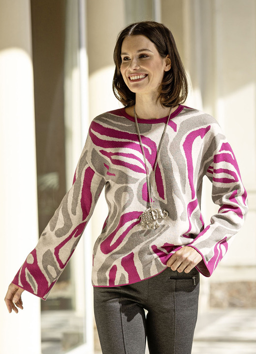 Langarm - Pullover in Jacquard-Dessin Langarm - Pullover in Jacquard-Dessin, in Größe 036 bis 052, in Farbe FUCHSIA-GRAU-HELLGRAU