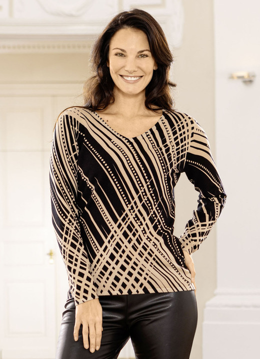 Langarm - Pullover in Feinstrick Langarm - Pullover in Feinstrick, in Größe L(44/46) bis XXL(52/54), in Farbe SCHWARZ-BEIGE