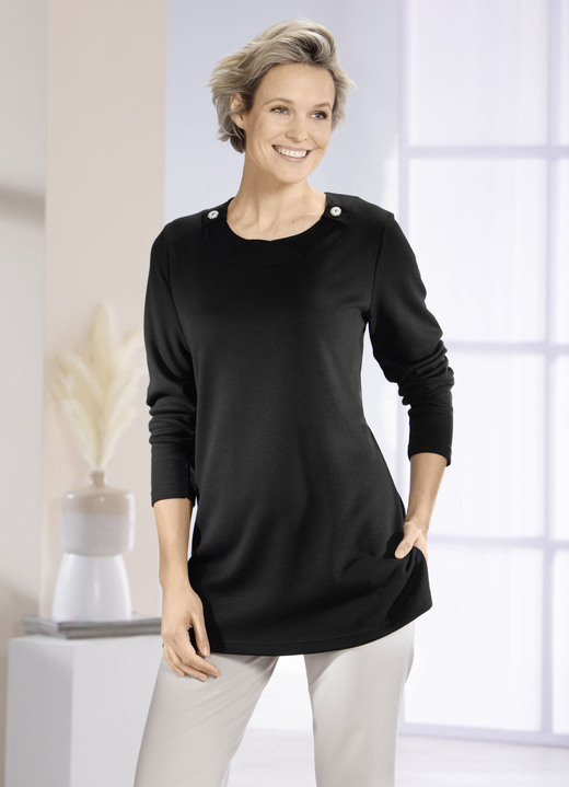 Langarm - Sweatshirt mit Zierknöpfen in 2 Farben, in Größe 040 bis 054, in Farbe SCHWARZ Ansicht 1
