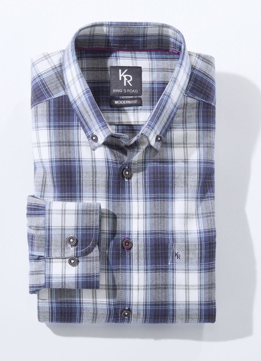 Langarm - Hemd von «King's Road» mit Button-Down-Kragen in 3 Farben Langarm - Hemd von «King's Road» mit Button-Down-Kragen in 3 Farben, in Größe 3XL(47/48) bis XXL(45/46), in Farbe DUNKELLILA-ECRU