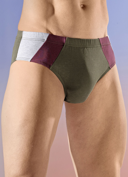 Unterhosen - Viererpack Slips mit farbigen Einsätzen, in Größe 004 bis 010, in Farbe 2X OLIV-BORDEAUX-GRAU MELIERT, 2X BORDEAUX-OLIV-GRAU MELIERT Ansicht 1
