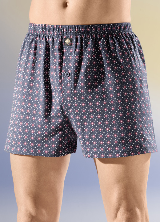 Unterhosen - Viererpack Boxershorts mit Dehnbund, in Größe 005 bis 016, in Farbe 2X MARINE-BUNT, 2X UNI MARINE