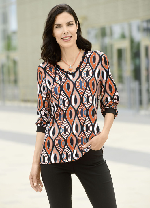 - Shirt mit V-Ausschnitt, in Größe 038 bis 054, in Farbe SCHWARZ-ORANGE-ECRU Ansicht 1