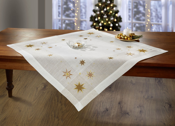 Tischdecken - Tisch- und Raumdekoration mit Sternendessin, in Größe 101 (Deckchen, 35/ 50 cm) bis 404 (Kissenbezug, 40/ 40 cm), in Farbe SEKT-GOLD Ansicht 1
