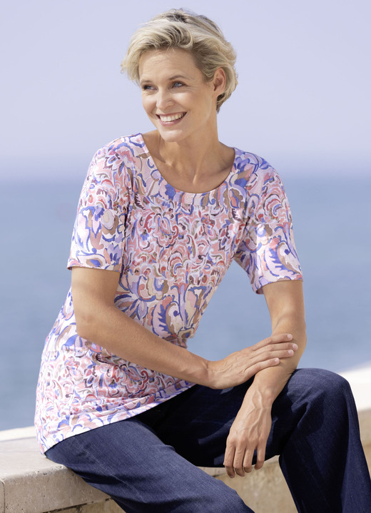 Kurzarm -  Shirt mit rundem Halsausschnitt, in Größe 038 bis 050, in Farbe ECRU-ROSÉ-BLEU Ansicht 1