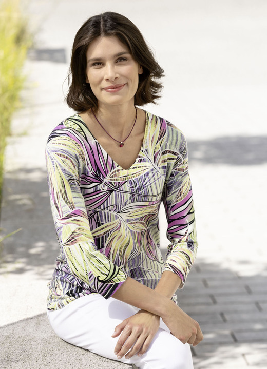 3/4-Arm - Pullover in Feinstrick, in Größe L(44/46) bis XXL(52/54), in Farbe GRÜN-LILA-MULTICOLOR