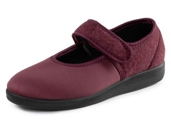 Hausschuhe - Spangenschuh aus weichem, teilweise meliertem Textilmaterial, in Größe 036 bis 042, in Farbe BORDEAUX Ansicht 1