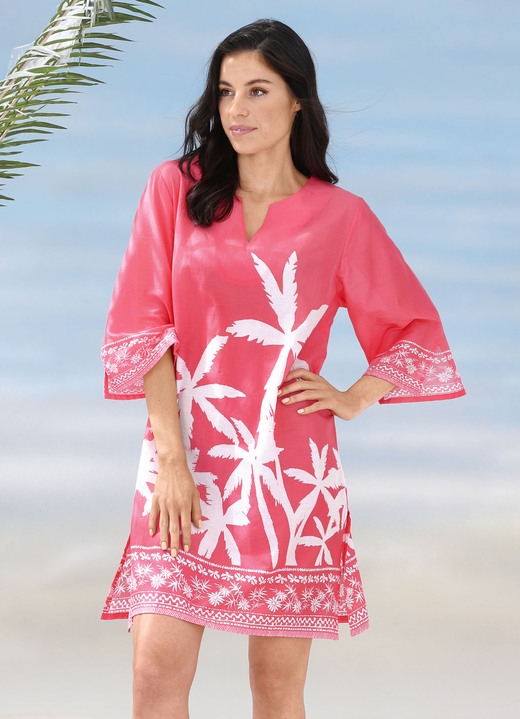 Strandkleider - Tunika mit Palmendruck, reine Baumwolle, in Größe 036 bis 056, in Farbe KORALLE-WEISS Ansicht 1