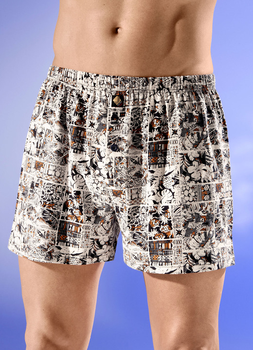 Unterhosen - Viererpack Boxershorts mit Alloverdessin, in Größe 005 bis 016, in Farbe 2X SAND-GRAU-ORANGE, 2X GRAU-SCHWARZ-ORANGE