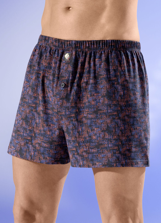Unterhosen - Viererpack Boxershorts mit knöpfbarem Eingriff, in Größe 005 bis 016, in Farbe 2X SCHWARZ-BLAU-TERRA, 2X SCHWARZ-BLAU-GRAU Ansicht 1