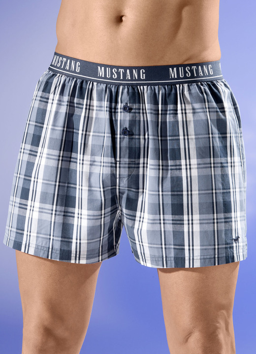 Unterhosen - Mustang Zweierpack Boxershorts mit Elastikbund, in Größe 004 bis 008, in Farbe 1X BLAU-WEISS, 1X UNI RAUCHBLAU Ansicht 1