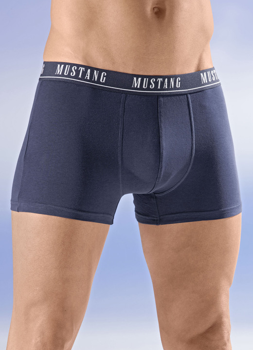 Unterhosen - Mustang Dreierpack Pants mit Elastikbund, in Größe 004 bis 008, in Farbe 1X NAVY, 1X BLAU, 1X TÜRKIS Ansicht 1