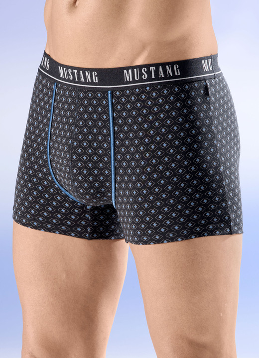 Unterhosen - Mustang Dreierpack Pants mit Alloverdessin, in Größe 004 bis 008, in Farbe 3X SCHWARZ-BLAU