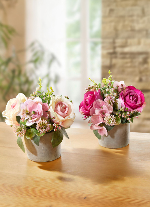 Wohnaccessoires - Bezaubernde Gestecke mit Rosen und Hortensien, 2er-Set, in Farbe ROSA-PINK